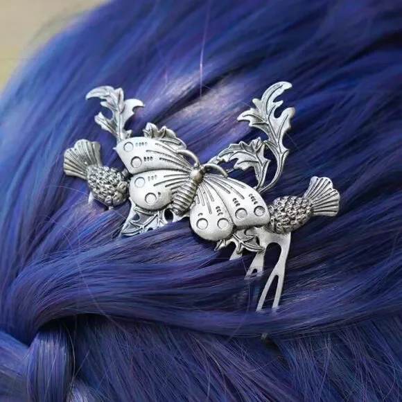 Gothic, Cottagecore Moth Floral Hair Comb, Silver Tone, Engraved Detailing, - Picture 2 of 4